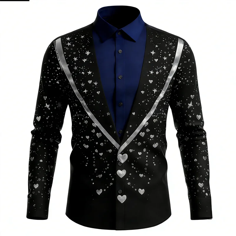 New men's long sleeved shirt casual and fashionable 3D heart-shaped print high-end lapel long sleeved shirt