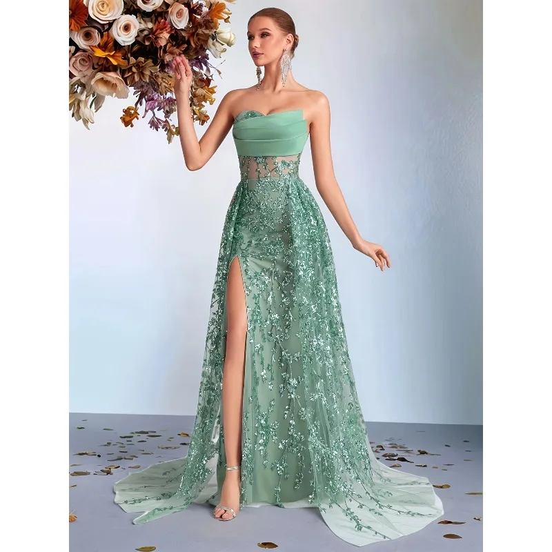 Luxe feestjurk dames saliegroen geborduurde jurk strapless elegante avondjurk baljurk vestidos de fiesta aangepast
