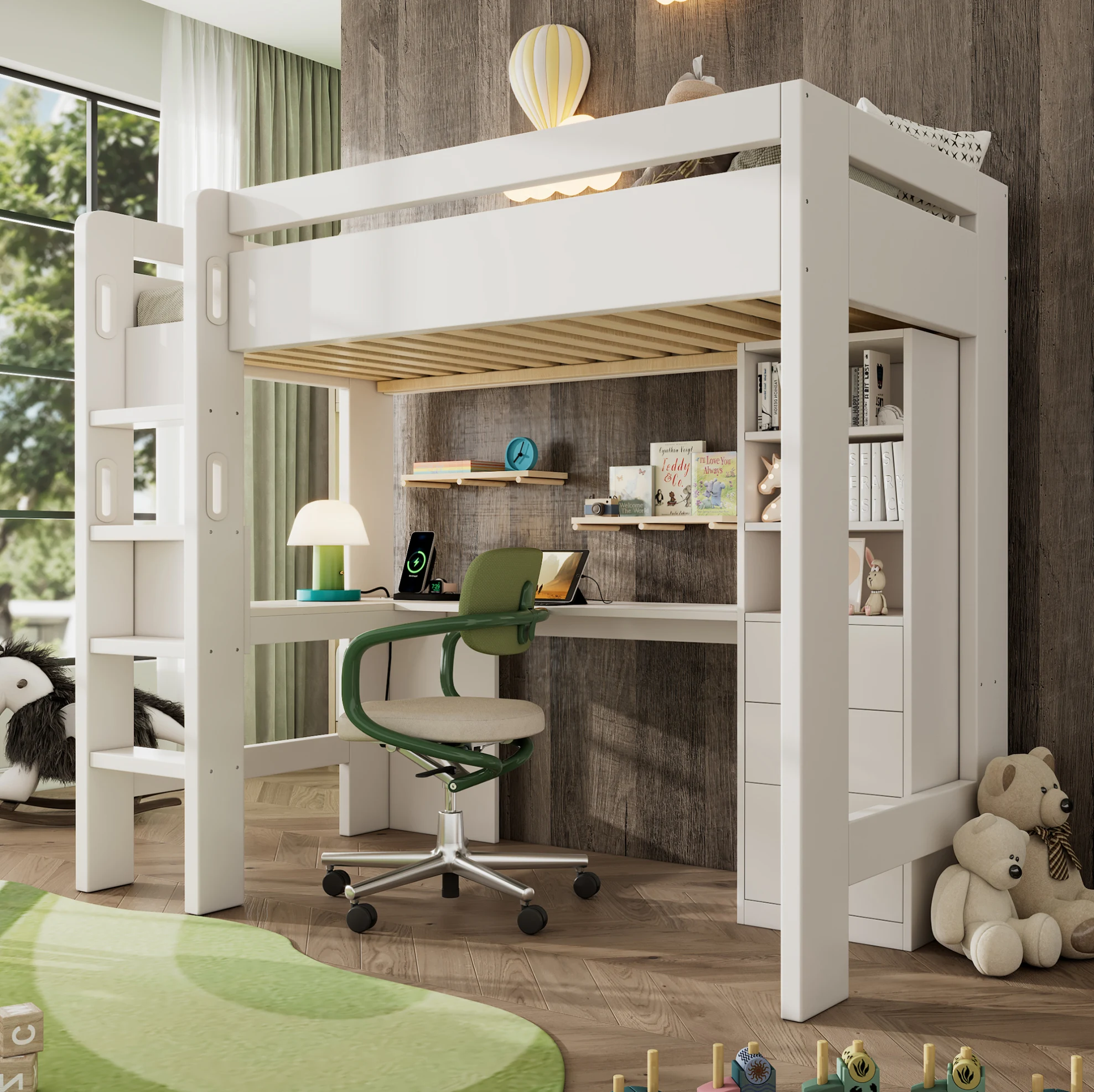 Wit multifunctioneel hoogslaperbed met L-vormig bureau, planken, laden en USB/Type-C oplaadmogelijkheid, 90x200 cm