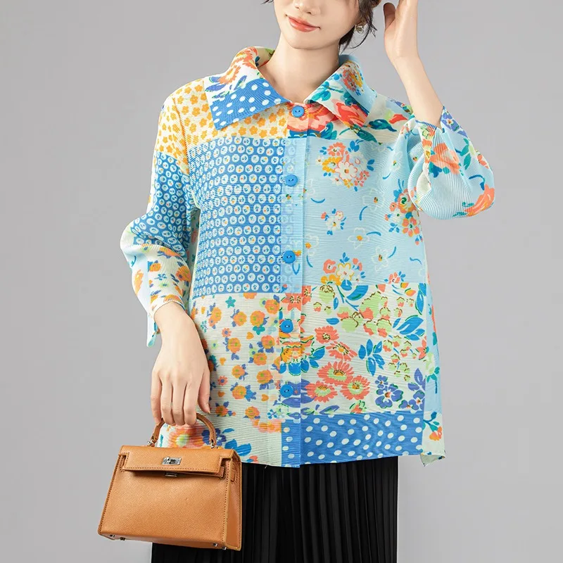 

Pleated Blouse 2026 New Fashion Collar Single-Breasted Cardigan Loose Casual Minimalist Plus Size Stretch Women's Shirt Jacket