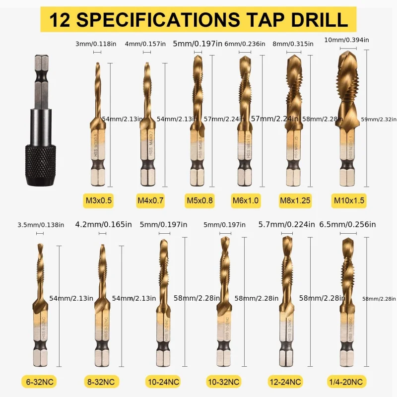 13pcs Drill Tap Bit Set 3-In-1 Titanium Coated Screw Tapping Bit Tool For Drilling Tapping Countersinking With Change Adapter