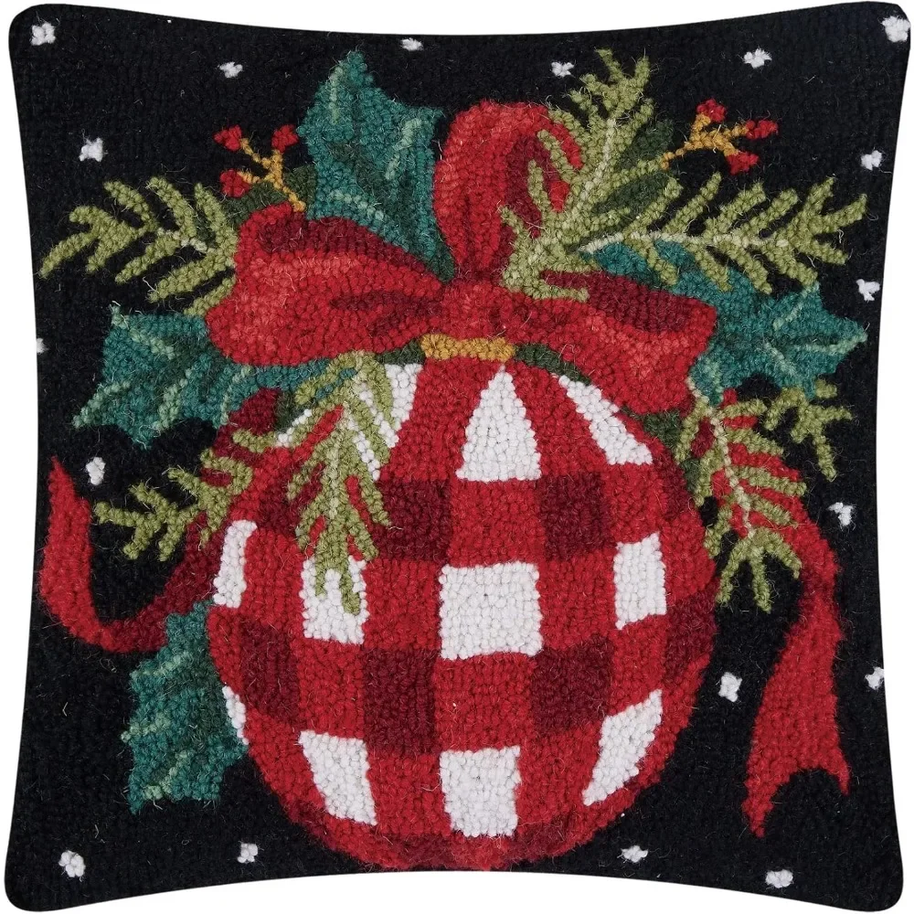 Red Gingham Ball Christmas Polyfill Hook Throw Pillow - 16-Inch Square Seasonal Decoration in Wool and Poly Velvet