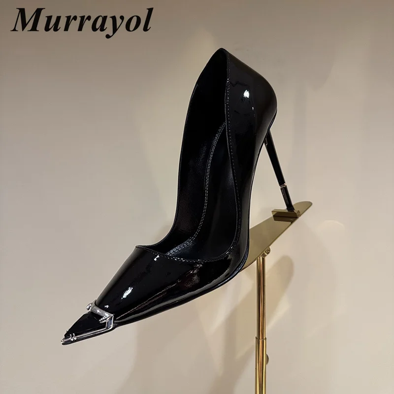 Pumps Women Lacquer Leather Metal Decorative Pointed Thin High Heel Spring Autumn Shallow Mouth Embroidery Fashion Office Shoes