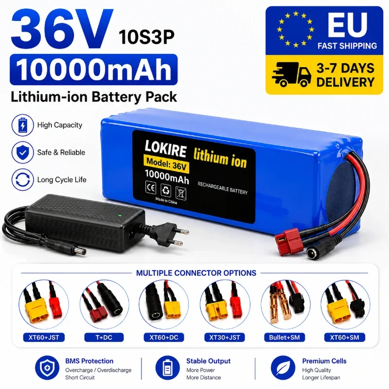 36V 10Ah Lithium-Akku 10 S3P 18650 Wiederaufladbarer Li-Ionen-Akku für Elektroroller E-Bike MTB Fahrrad 1000W Motor Ersatzakku mit intelligentem BMS-Schutz Hohe Kapazität Lange Reichweite