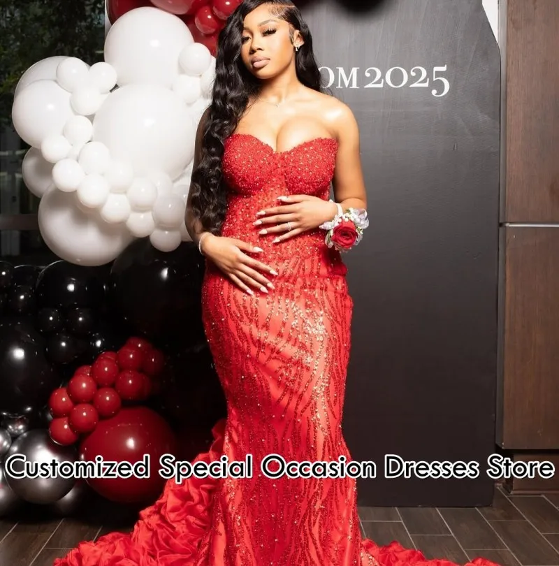 Generous Prom Dresses Sweetheart Mermaid Ruffle Party Dress Elegant Sequins Beaded Black Girls African Evening Gowns Customized
