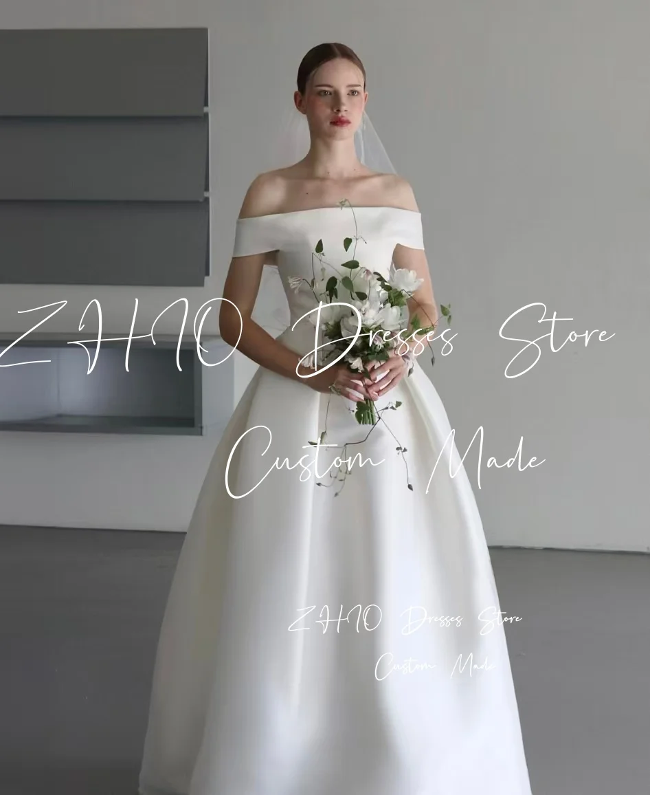 ZHIO Elegante abito da cerimonia nuziale in taffettà bianco con spalle scoperte A-Line Corea Servizio fotografico Abito da ricevimento nuziale personalizzato Garona
