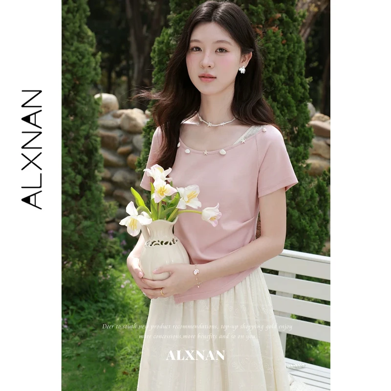 

ALXNAN Pink Round Neck T-shirt Lace Spliced Design Waist Ruched Irregular Hem Short Sleeve T-shirt Summer Female Clothing L63619