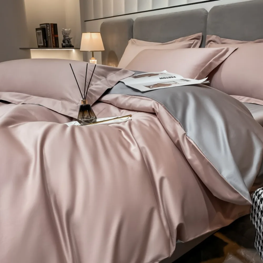 Luxury 100% Cotton 4Piece Bedding Set Solid Color Sheet Fitted Sheet Duvet Cover Premium Textured Advanced Feeling Bedding
