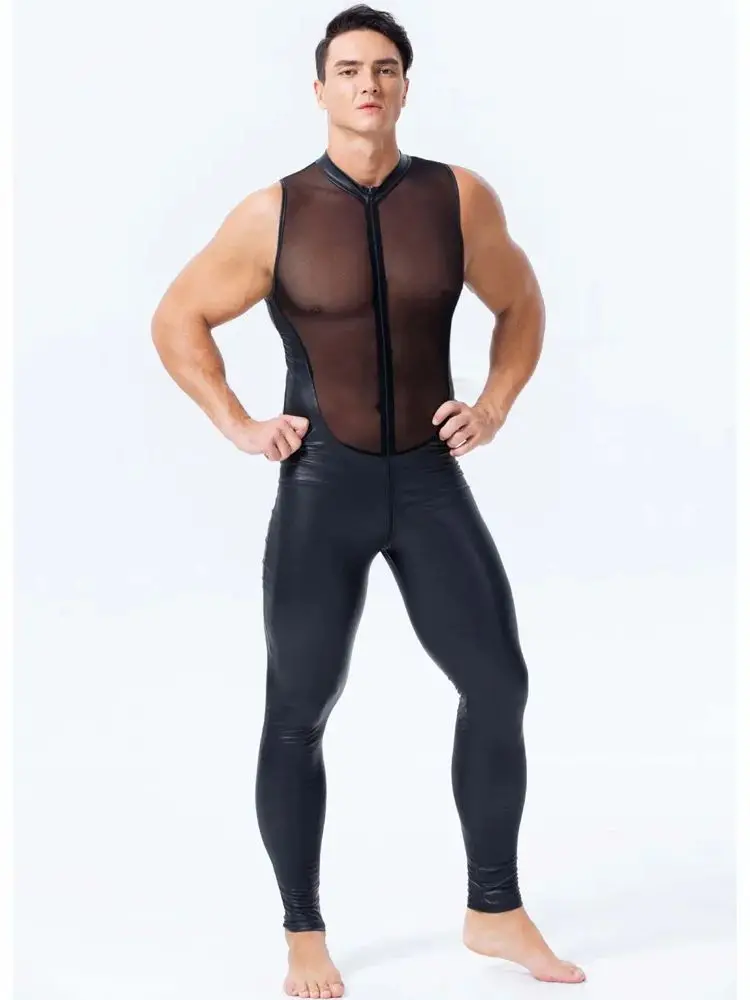 Sleevleless Mesh Transparent Zipper Open Crotch Faux PU Leather Leotard Men Body Shaper Catsuit Tights Sexy Jumpsuit Hot Shapers