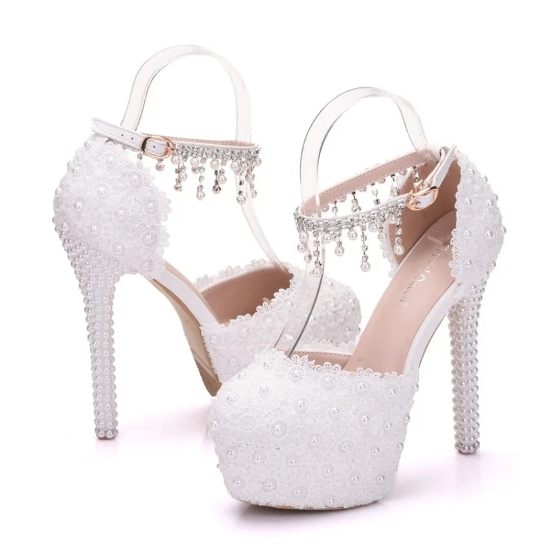 Sandálias de strass de toe redondo para mulheres, sapatos de festa, cordão, fivela, PU, saltos finos, moda senhora, branco, 14cm