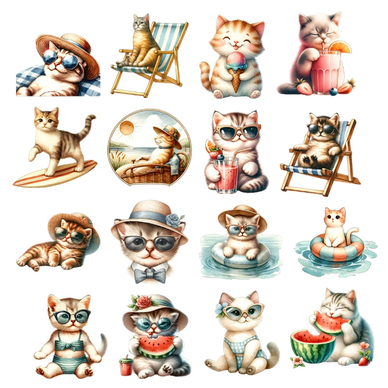 

Kids Watercolor Animal A cat sunbathing in summer Heat Transfer Appliques Iron-On Transfers Stickers On Clothes For Tshirt Decor