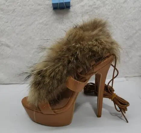 Summer Brown Black Feather Fur Platform Sandals Women Round Open Toe Stiletto Heel Ankle Wrap Lace Up High Heels Sandals Shoes