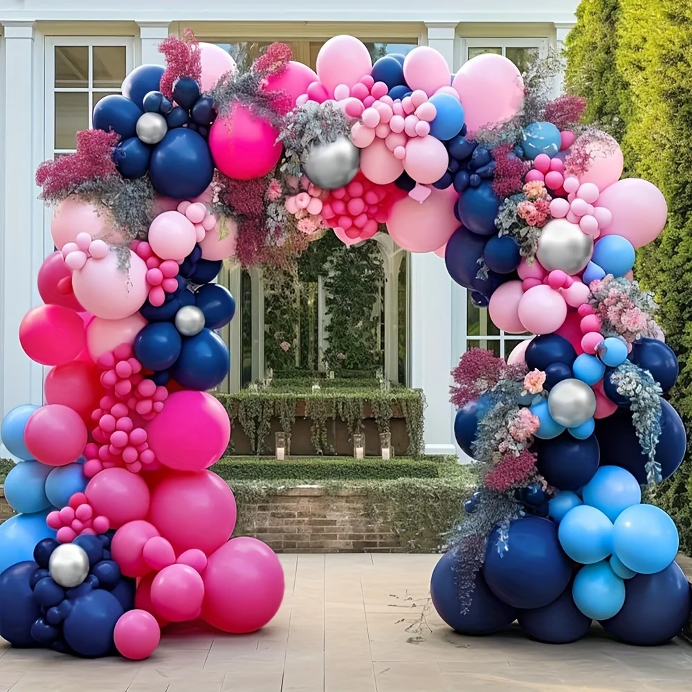 126pcs Navy Blue Pink Balloon Garland Arch Kit, Dark Blue Hot Pink Balloons Pastel Pink Blue Balloon Arch Kit Metallic Silver Balloons For Birthday Gender Reveal Wedding Engagement Anniversary Baby Shower Party Decor