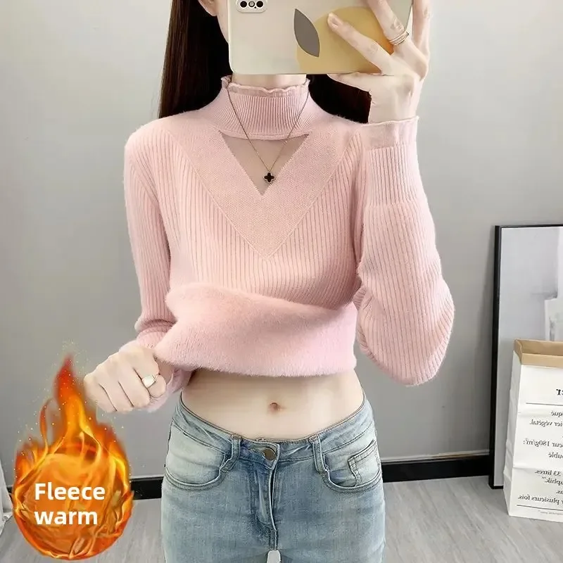 

2025 New Style Autumn Winter Warm Base Layer Top Integrated Velvet One-Piece Women's Fleece Lined Thickened Knitted Sweater