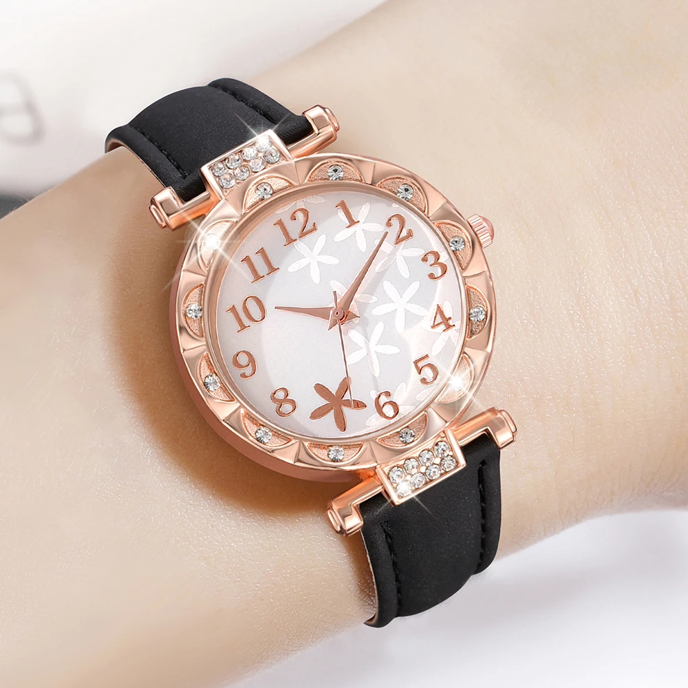 1PCS Simple Luxury Flower Element Leather Strap Watch Black Casual Fashion Quartz Watch Is The Perfect Gift For Her (No Box)