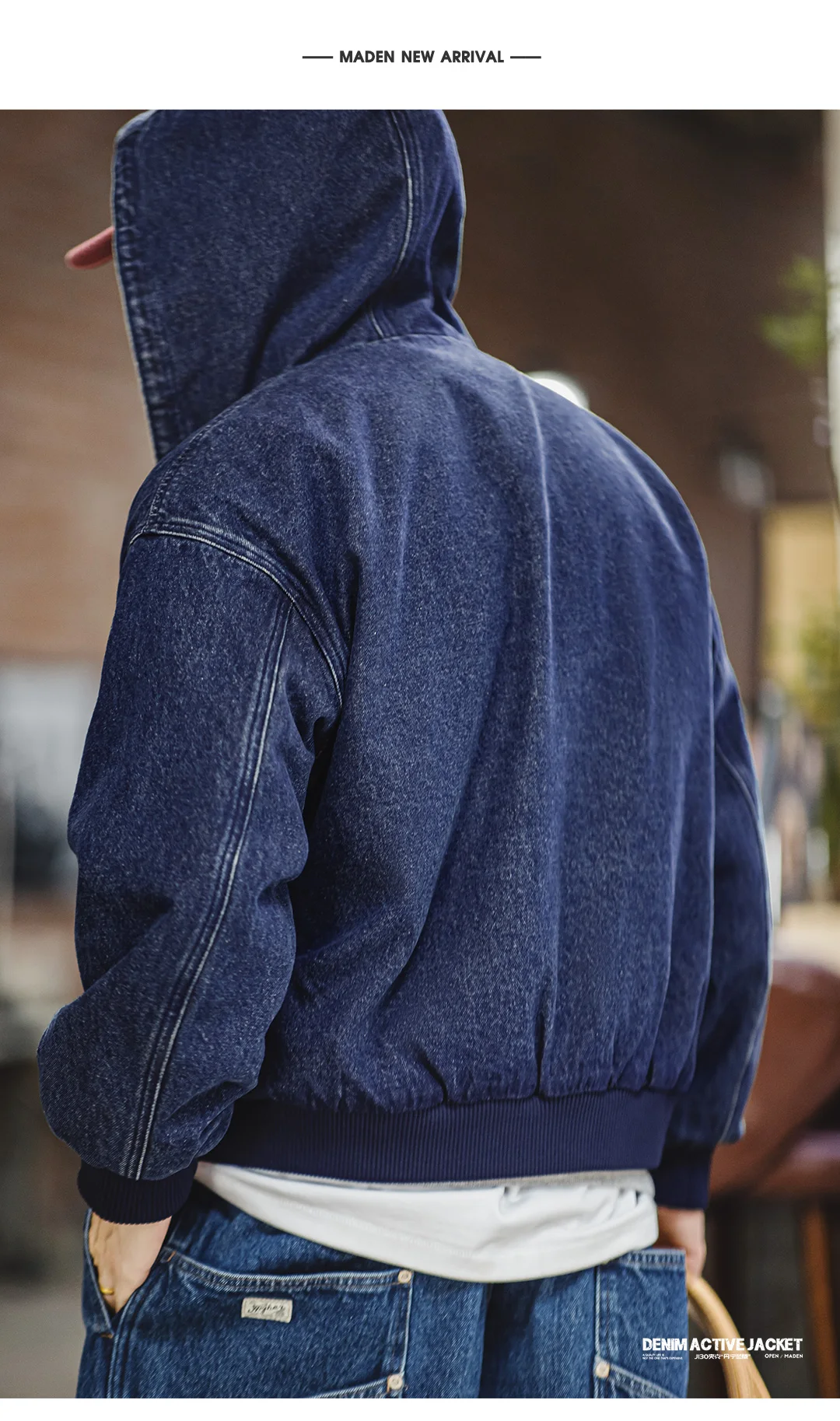 Maden Retro Men's J130 10.5oz Denim Jacket Heavyweight Washed Aged Hooded Jacket Zipper Work Coat with Large Pockets for Fall 34 Sf020482d71c04a5884ddea685a923686G