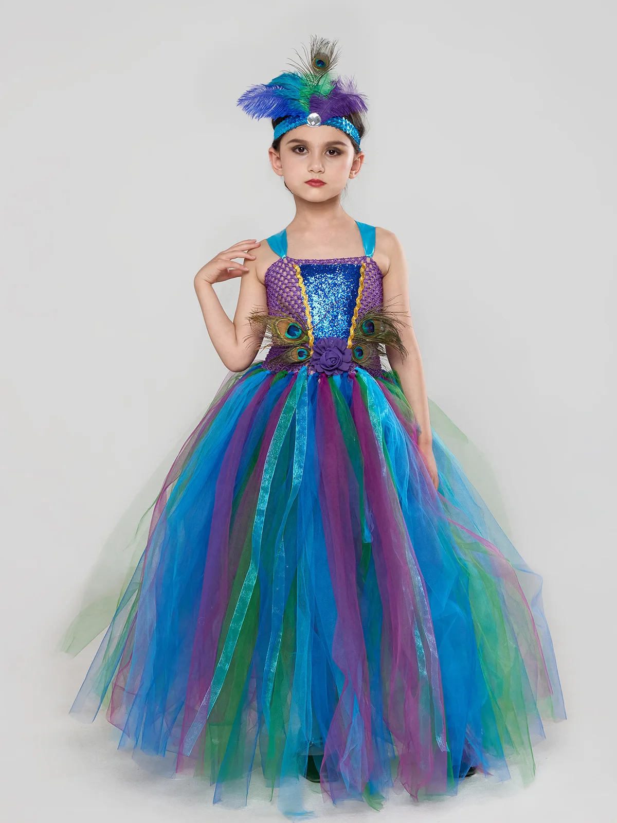 Fancy Peacock Feather Girl Pageant Tutu Dress With Headband Children Kids Birthday Party Wedding Ball Gowns Trailing Tulle Dress