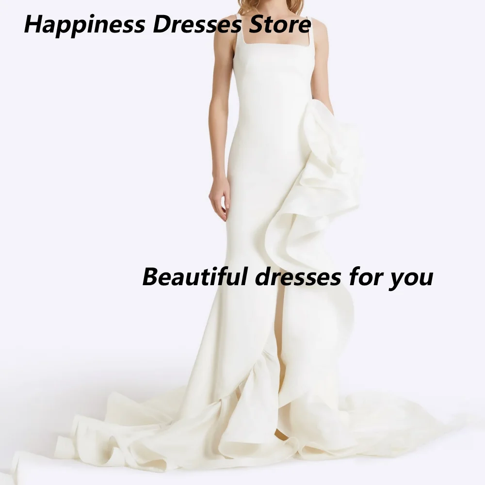 Customized White Square Spaghetti Strap Mother Of The Bride Gown Big Asymmetric Ruffle Slit Mermaid Long Train Formal Dress
