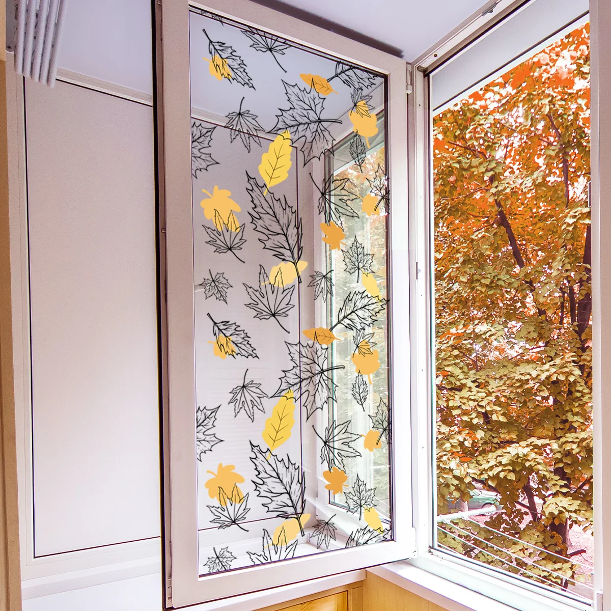 Hand-drawn Autumn Maple Leaf Line Art Window Decorative Double-sided Printed Static Clings Stickers Removable Waterproof