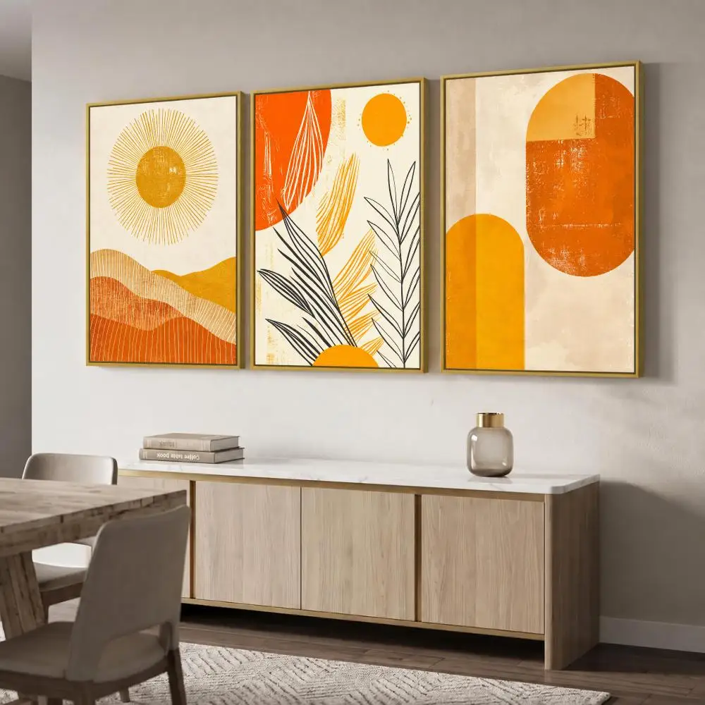 Abstract Yellow Orange Tones Painting Calligraphy 3 PCS Canvas Wall Art Prints for Living Room Decor Modern Fashion Wall Decals