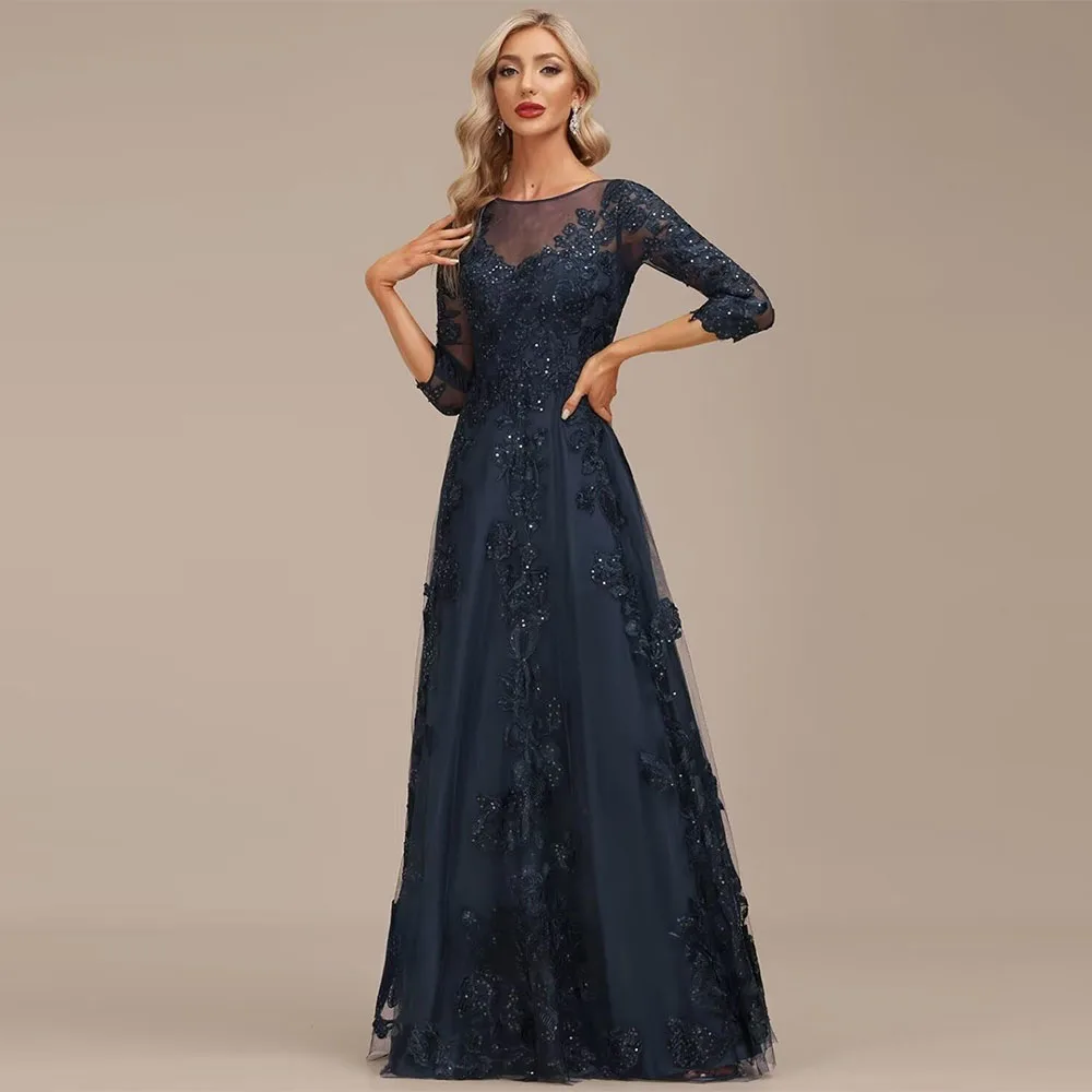 

Customized Exquisite Lace Appliques Mother of The Bride Dresses Long with 3/4 Sleeve Beaded Scoop Neck Floor Length Formal Gowns