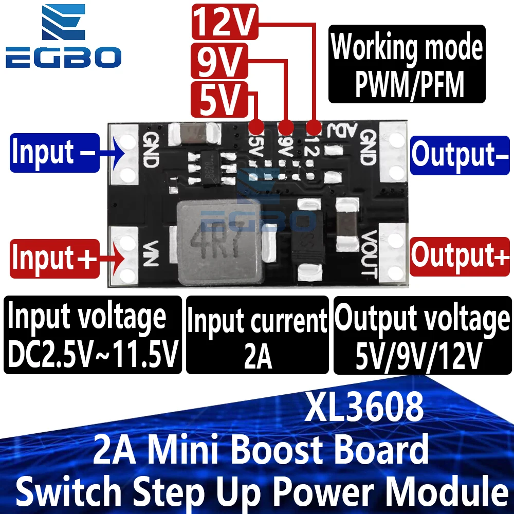EGBO XL3608 Mini-Boost-Konverter 2A 2,5-11,5V auf 5V/9V/12V - DC-DC Step-Up-Leistungsmodul für Arduino/tragbare Geräte