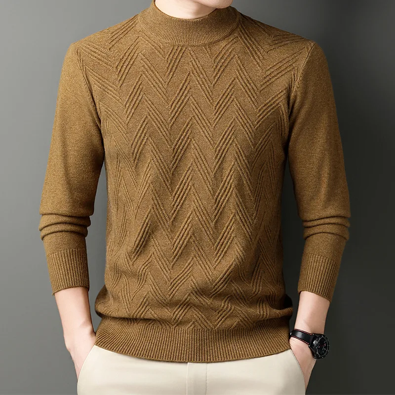 2026 Men Mock Neck Knit Sweater Long Sleeve Chevron Textured Slim Fit Solid Soft Warm Pullover Jumper For Fall Winter Daily Wear