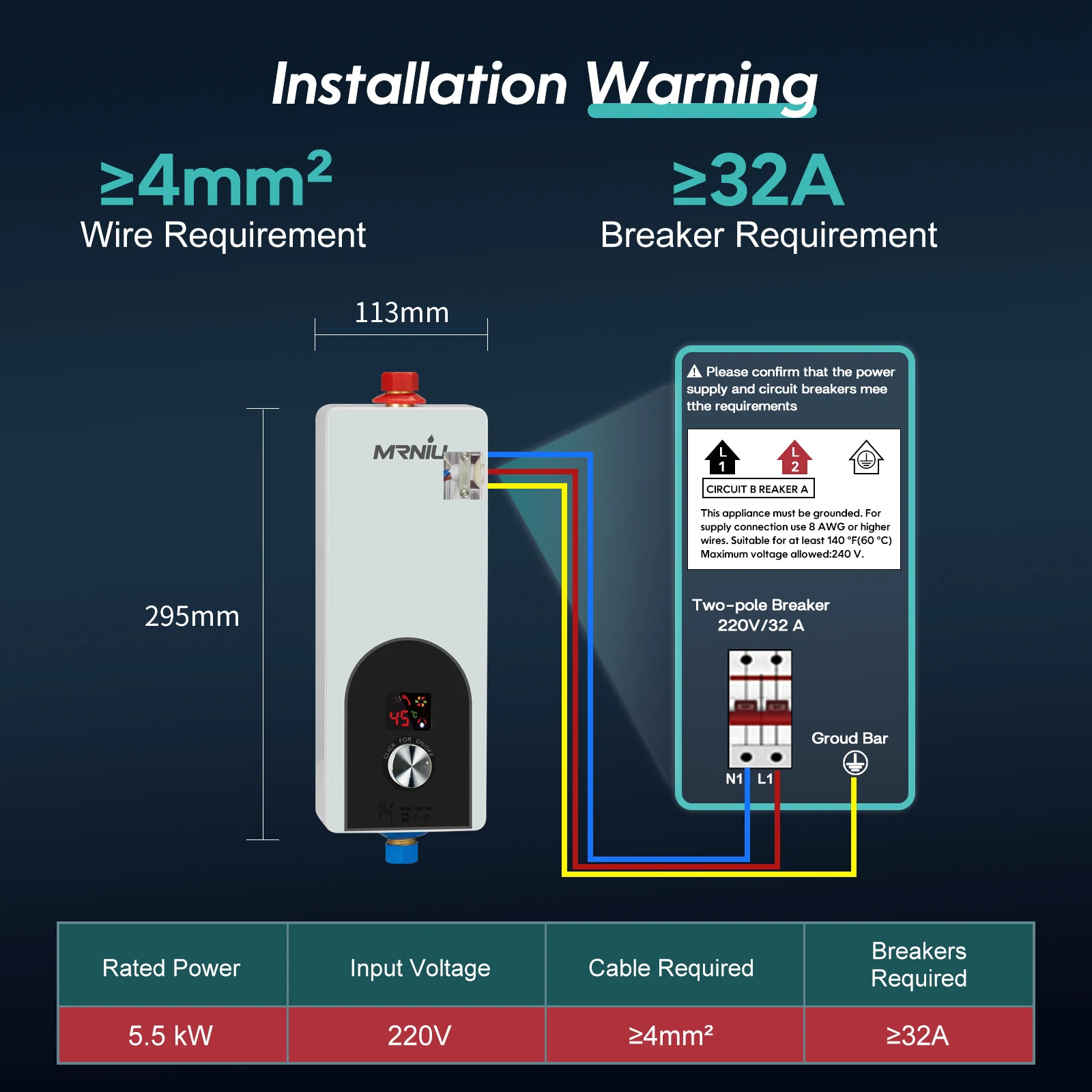 Chauffe-eau électrique instantané sans réservoir, 220V, 5500W, douche/salle de bains, sous évier, cuisine, adapté à l'hôtel
