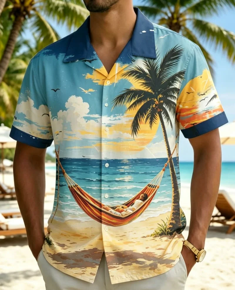 

Men's Tropical Beach Landscape Print l Shirt, Coastal Style for Summer Holiday, Beach Trips, Daily Outings & Casual Wear