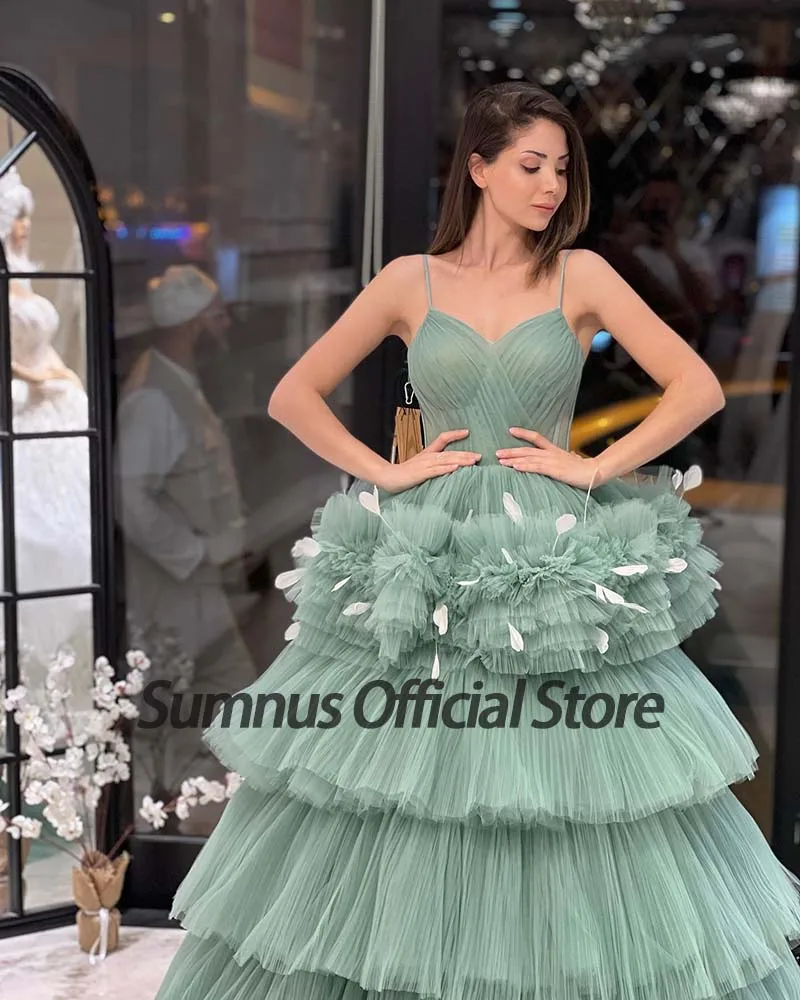 Sumnus vestido de baile verde em camadas tule cintas de espaguete com decote em v vestido de baile elegante vestidos de festa de fadas menina pageant vestido de noite