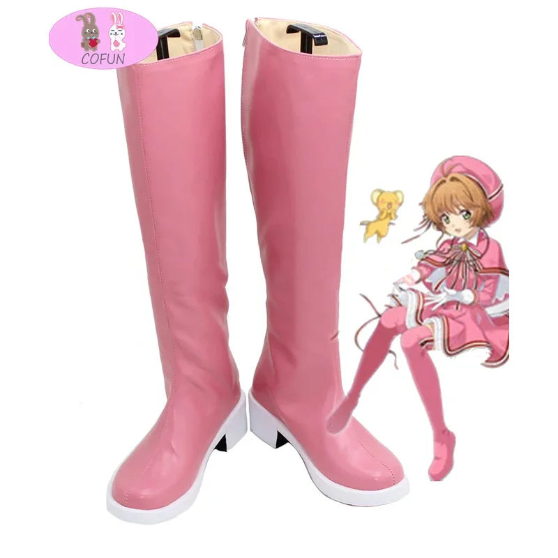 COFUN nuevo Sakura Cardcaptor tarjeta transparente zapatos de Cosplay hasta la rodilla botas de Cosplay de cuero PU tacones altos rosas tipo cremallera tamaño