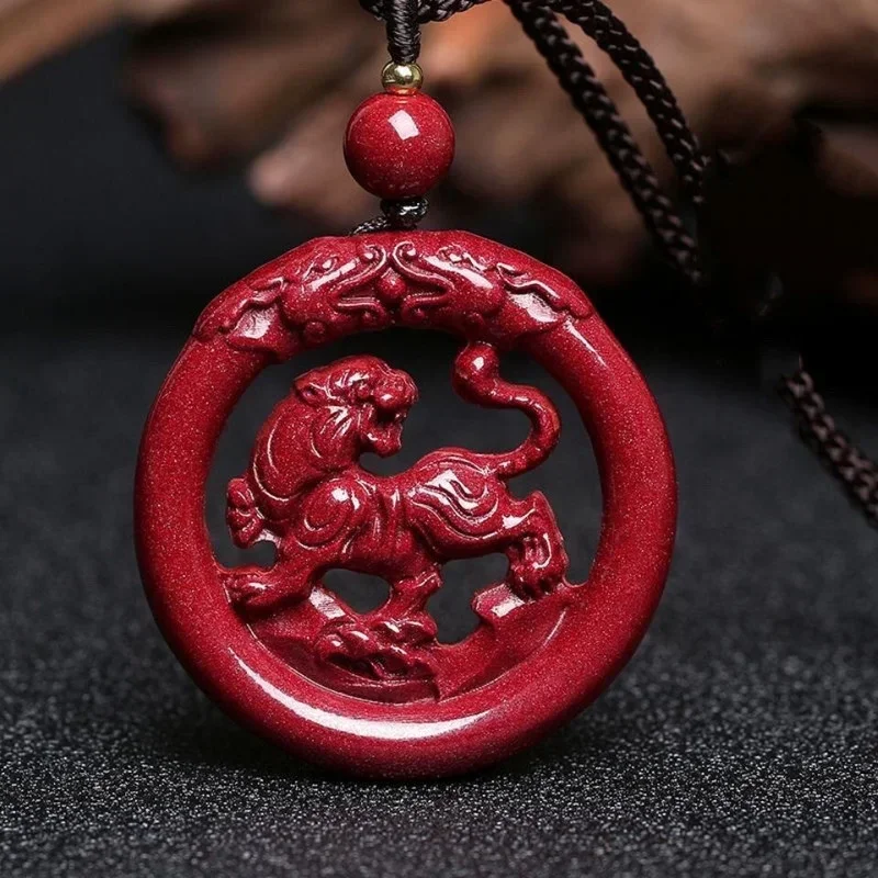 

Cinnabar Jade Double Sided Carved Tiger Dragon Pendant Necklace Jewellery Chinese Hand-Carved Healing Women Luck Sweater Chain