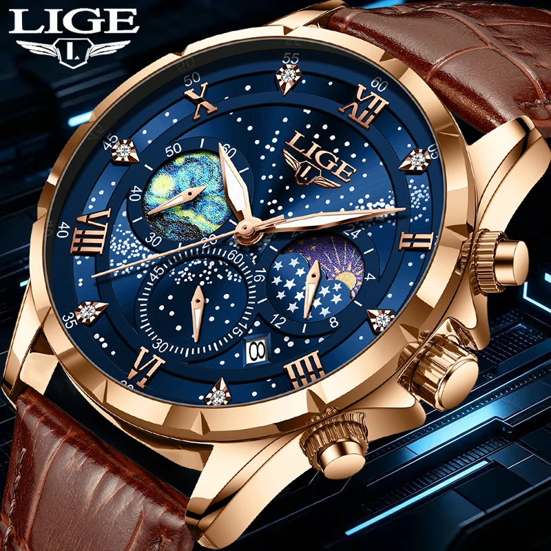 LIGE Casual Sports Men's Watch Fashion Brown Genuine Leather Quartz Chronograph Luminous Wristwatches For Men Relojes Hombre+BOX