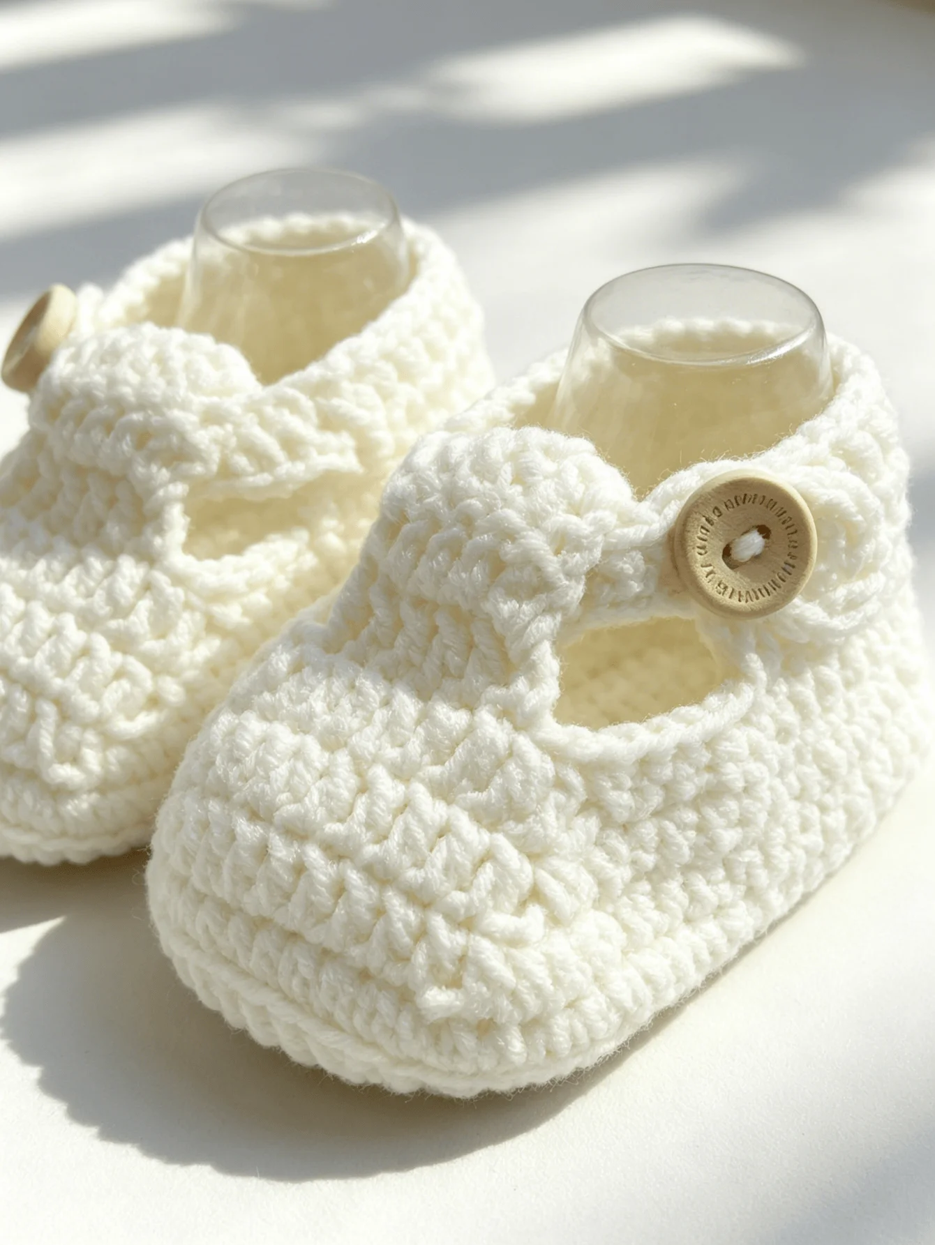 1 Pair Crochet Baby Booties, White, Mary Jane Style with Button Strap, Newborn Infant Shoes