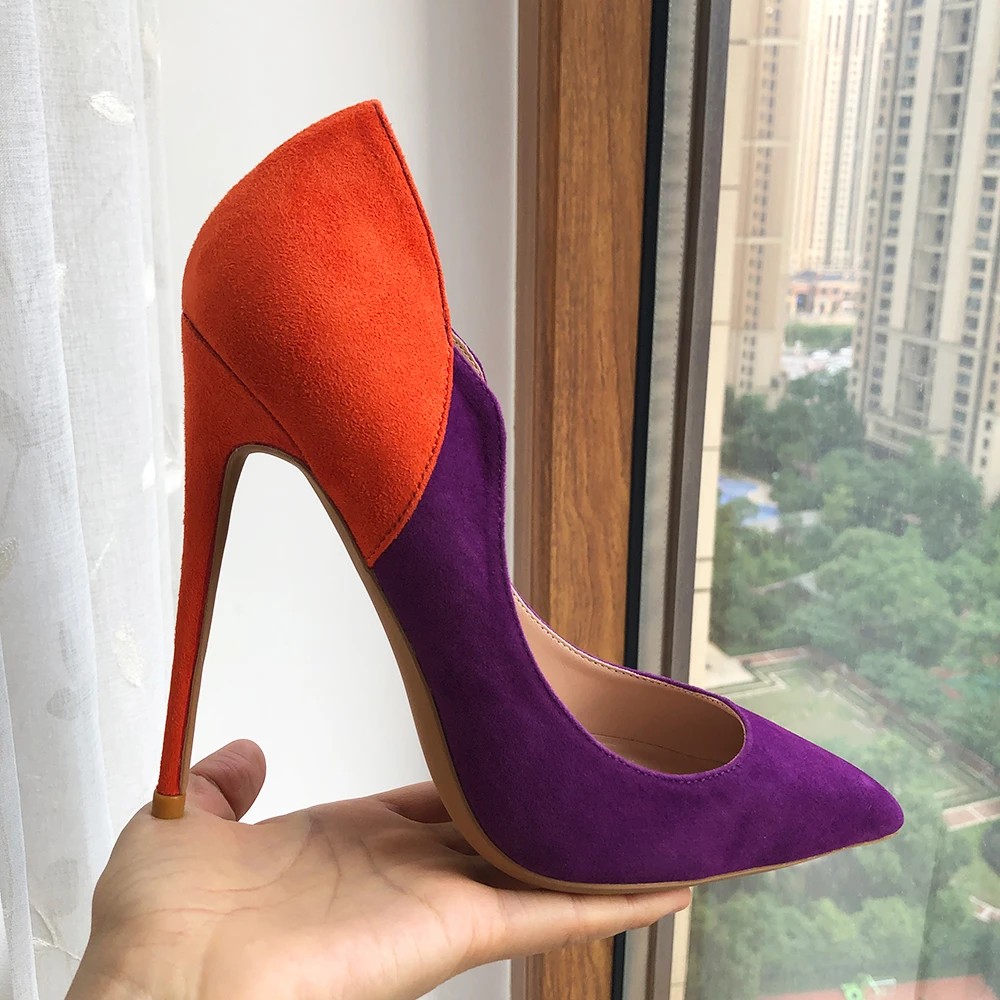 Tikicup Purple Flock Women Elegant Pointy Toe High Heel Shoes V Side Cut Sexy Stiletto Pumps Party Dress Customizable 12/10/8cm