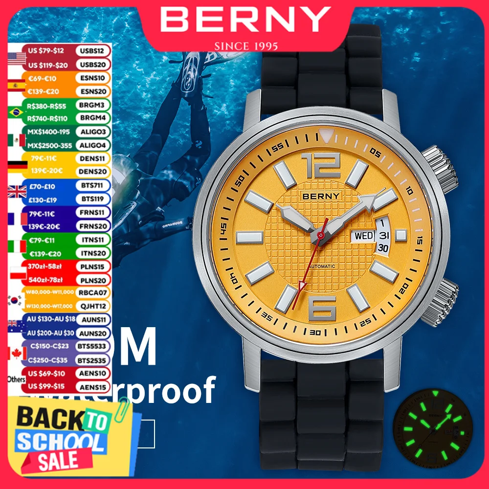 BERNY Zegarek Mężczyzny 20ATM Automatyczny Diving