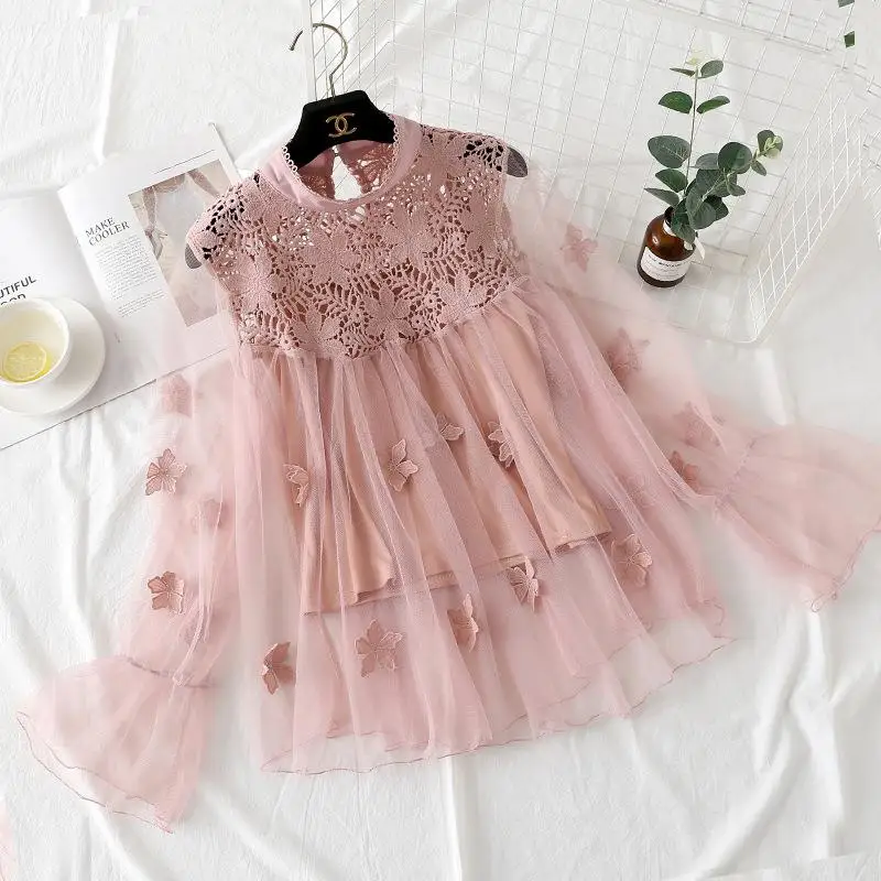 

Женское платье-туника из полиэстера Sweet Sle Fairy Lace Top Tee Dimensional Small irt Long Sve с рукавами-колокол