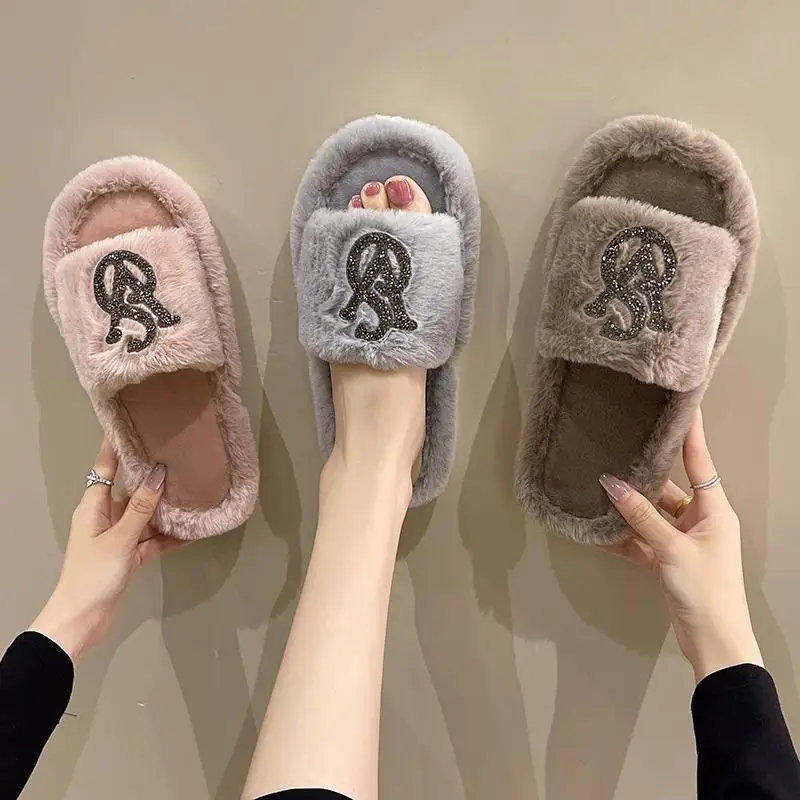 Casual Fluffy Slippers Women House Flat Fashion Designer Shoes Ladies Home Popular Trend Winter Elegant Footwear Indoor Open Toe