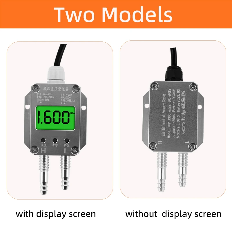 LCD Display Air Different Pressure Transducer -100Kp-0-100Kpa 4-20mA RS485 Micro Difference Pressure Wind Differential Sensor