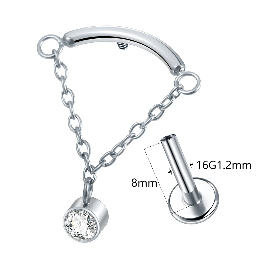 1/5PCS Titanium Tassel Chain Dangle Cartilage Earrings Stud 16G Internally Thread Zircon Helix Ear Tragus Piercings Body Jewelry