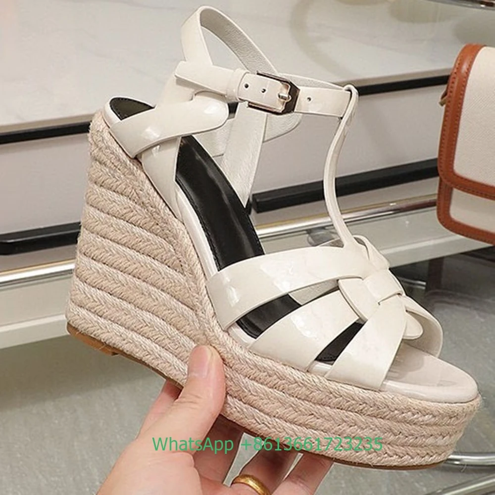 Cross Straps Open Toe Wedges Women Sandals Solid Color Open Toe Real Patent Leather Espadrilles Shoes Newest Summer 14cm Heels