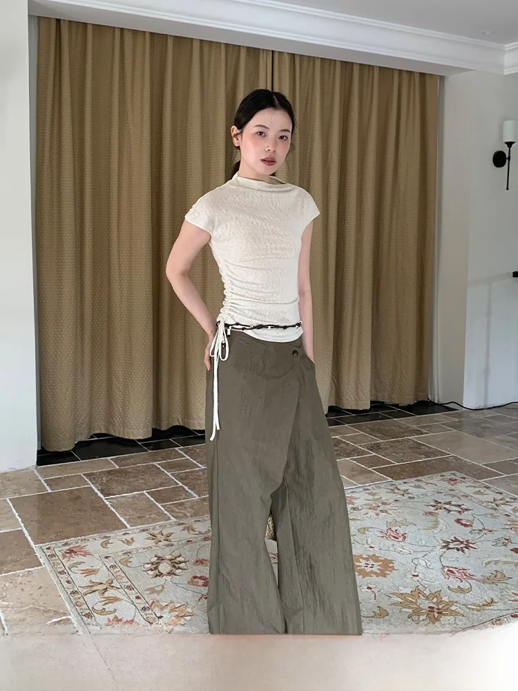 

Dorydory Summer Unique Beautiful Short Sleeve T-Shirt Women's Drawstring Shoulder Bared Top Base Shirt round Neck Pure Color