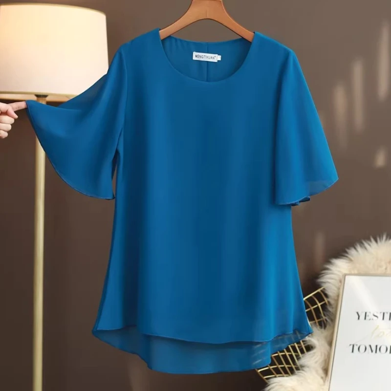 

BANERDANNI L-6XLHaut Chiffon Femme Taille Plus Été Manches Courtes Large Cache-Ventre T-Shirt Col Rond Mode Nouveau Luxe 0XL-6XL