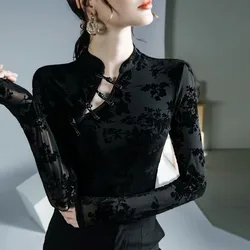 2024 Women Oriental Retro Tang Suit Traditional Shirt Chinese Vintage Base Shirt Sexy Lace Top National Ethnic Velvet Shirt