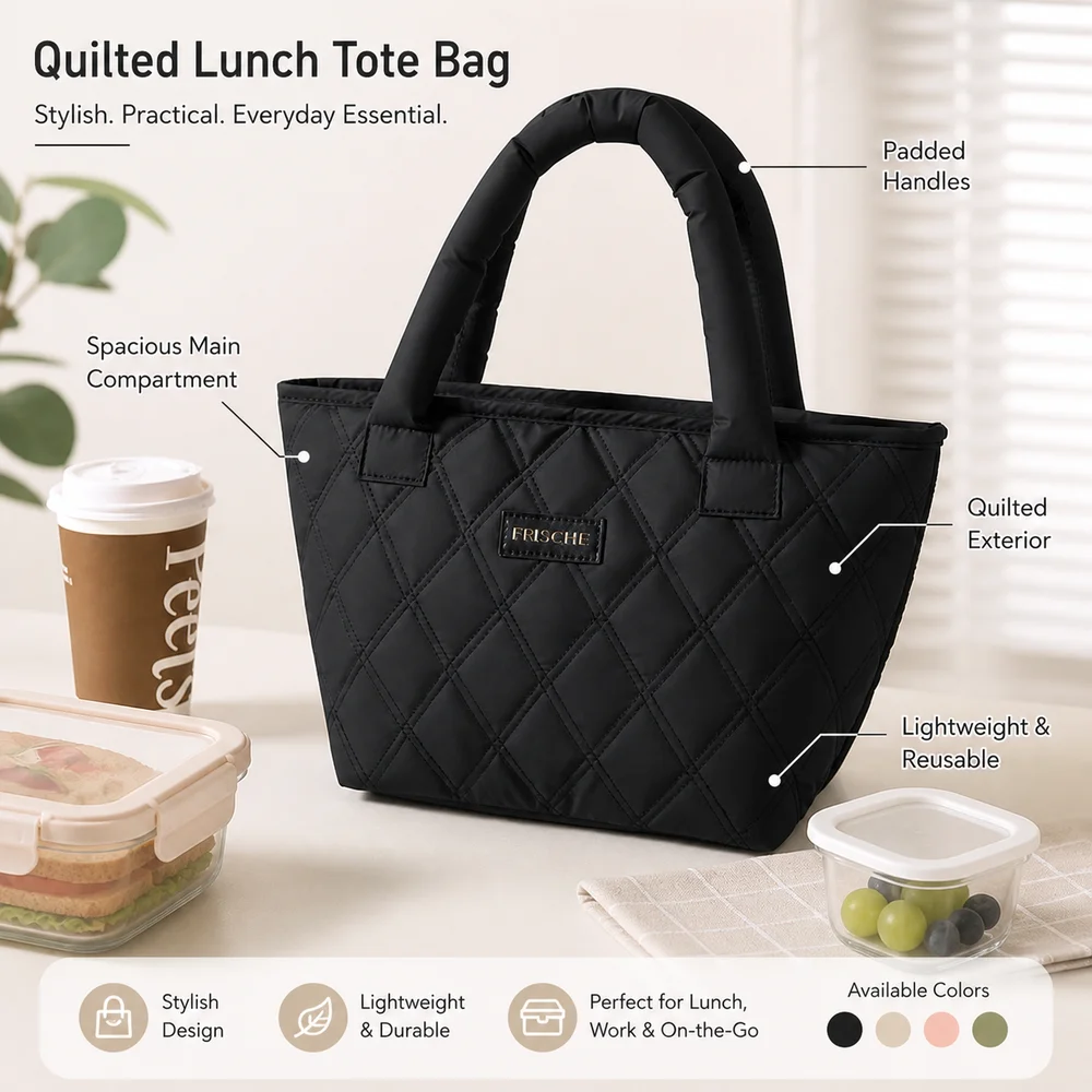 New Quilted Pattern Lunch Tote Bag Insulated Lightweight Lunch Bag Padded Handles Reusable Lunch Box Bag Office Lunch