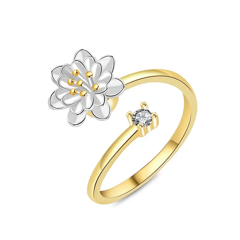 925 Sterling Silver Jewelry Crystal Embossed Lotus Flower Spinner Finger Rings for Women Wedding Party Jewelry Christmas Gift