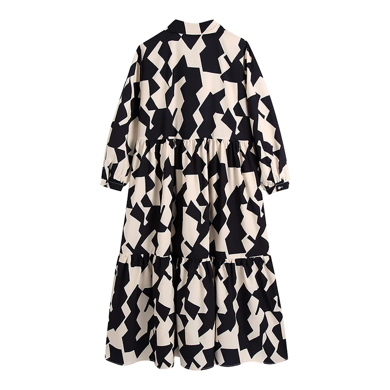 Female Dress Spring Summer New Geometric Print Turn-down Collar High Waist Patchwork Fashion Loose A-line Dress Female Clothing