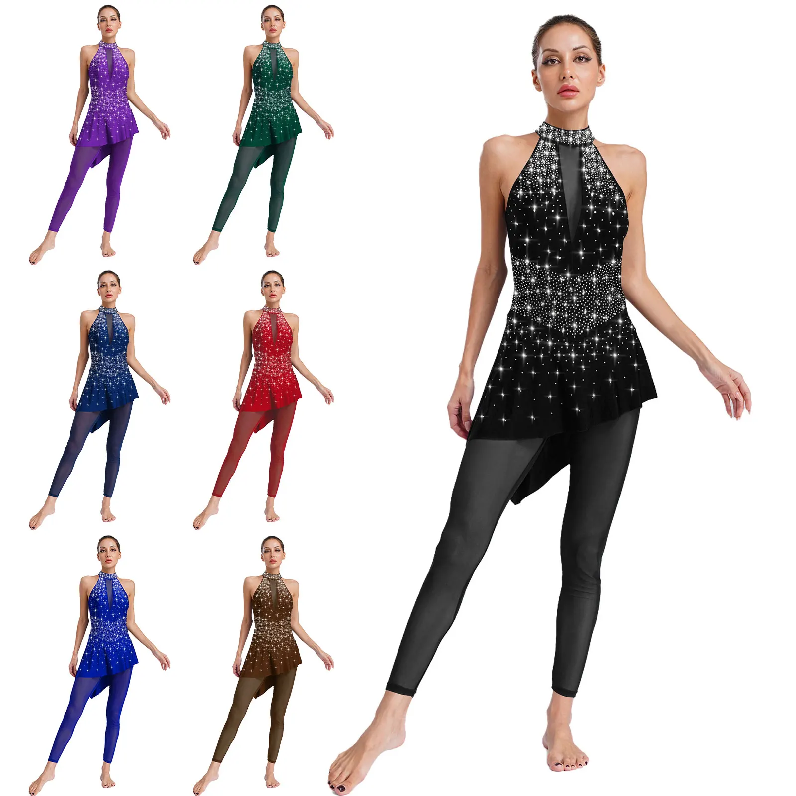 Donne Pattinaggio di Figura Danza Lirica Balletto Ginnastica Acrobazie Body Abito Senza Maniche Sheer Mesh Strass Gonna Tuta