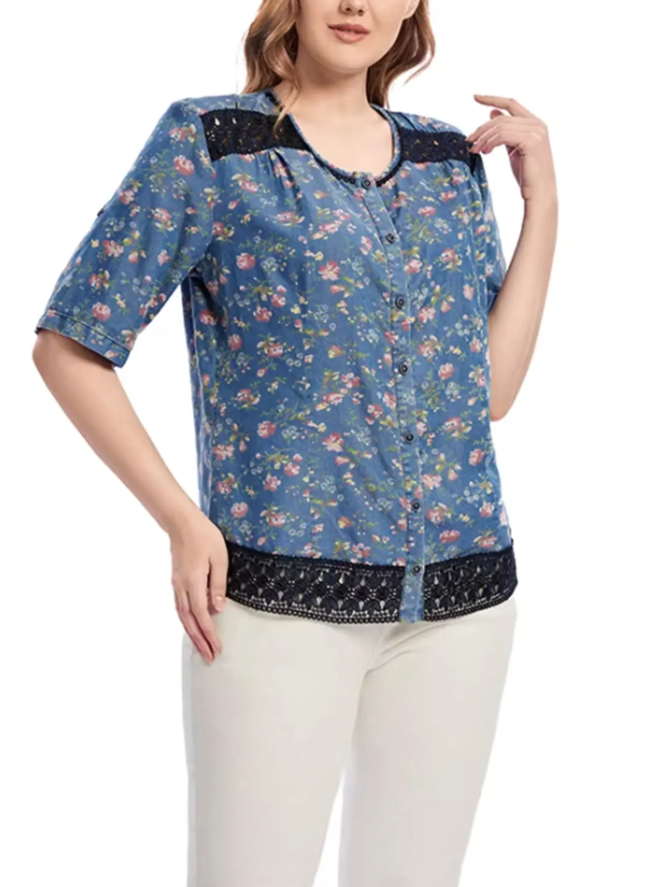 

Women Plus Size Woven Spring And Autumn Denim Fashion Shirt
