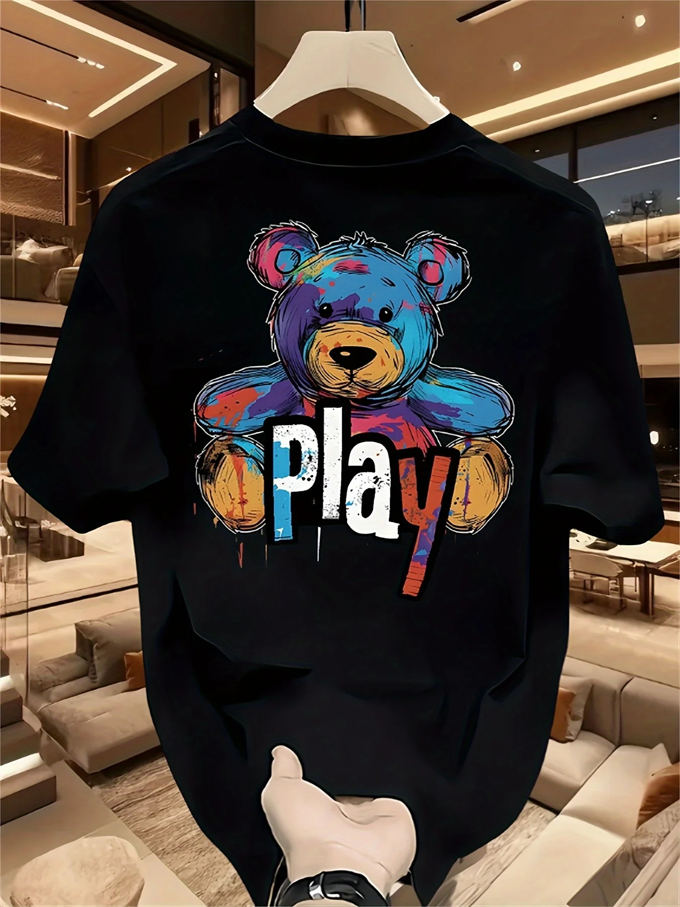 Vibrant Splatter Art Teddy Bear Print 100% Cotton Mens T Shirt for Summer Streetwear Has A Lively and Bold Aesthetic